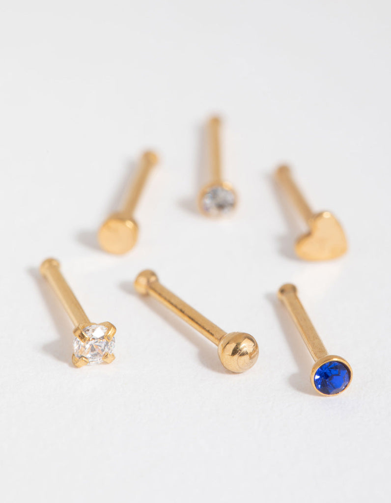 Gold Surgical Steel Heart Diamante Nose Stud 6-Pack