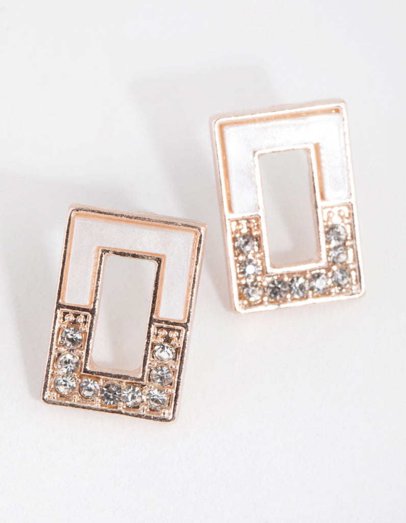 Rose Gold Half Diamante Rectangular Stone Earrings