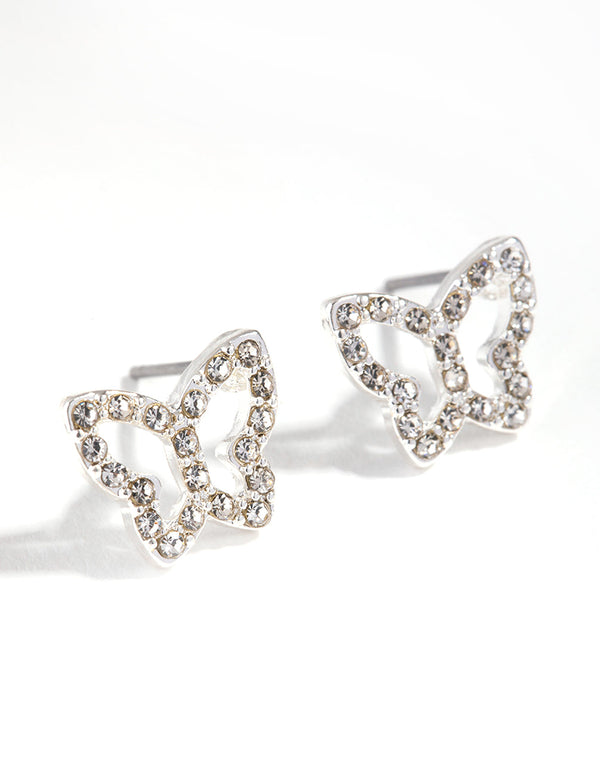 Silver Diamante Butterfly Stud Earrings