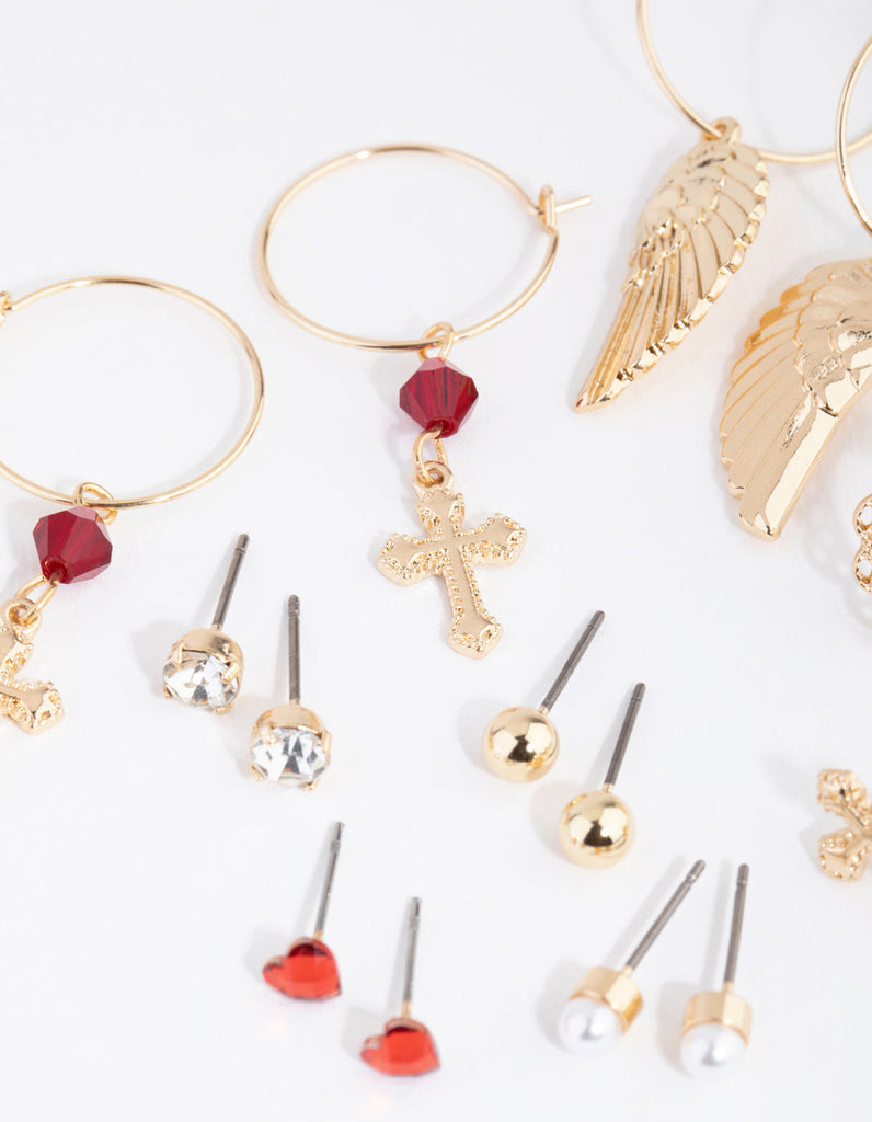 Gold Cross & Wings Earring 8-Pack