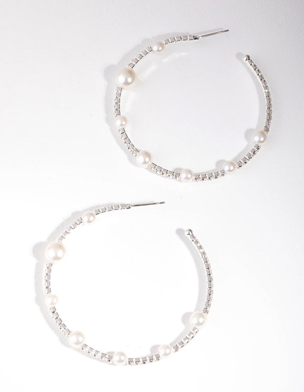 Silver Pearl & Diamante Hoop Earrings