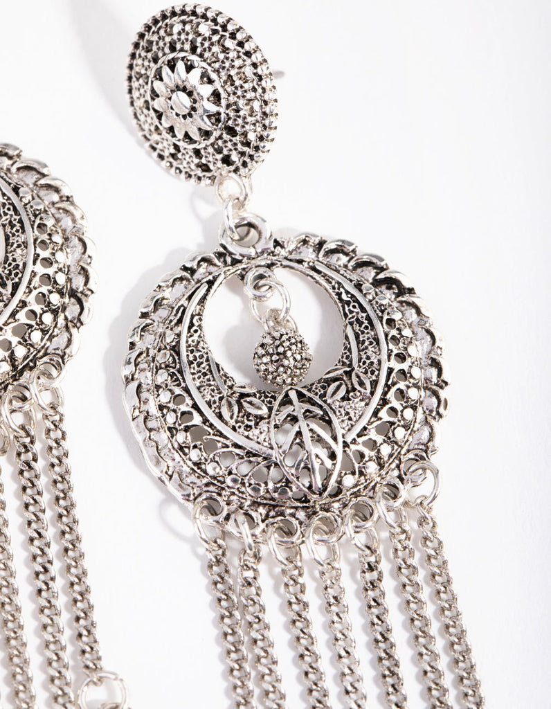 Antique Silver Engraved Chain Drop Earrings