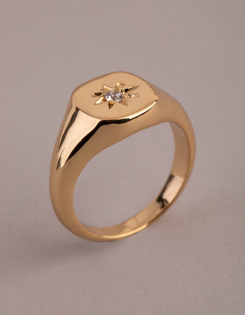 18ct Gold Plated Brass Cubic Zirconia Star Signet Ring