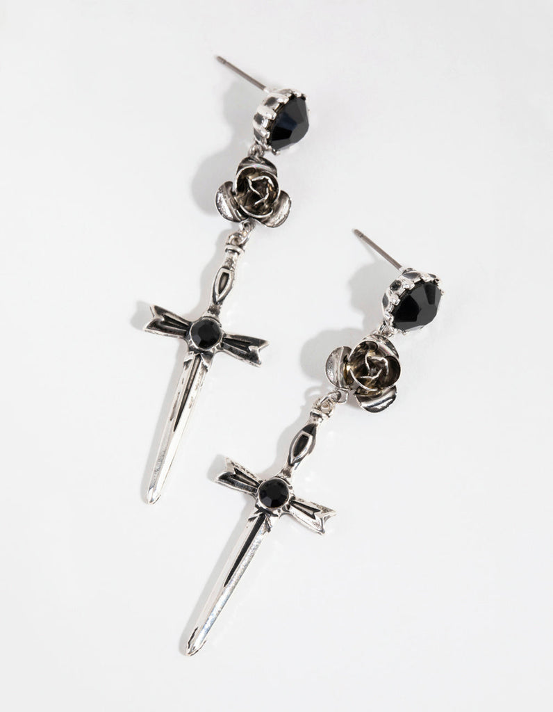 Antique Silver Rose & Sword Drop Earrings