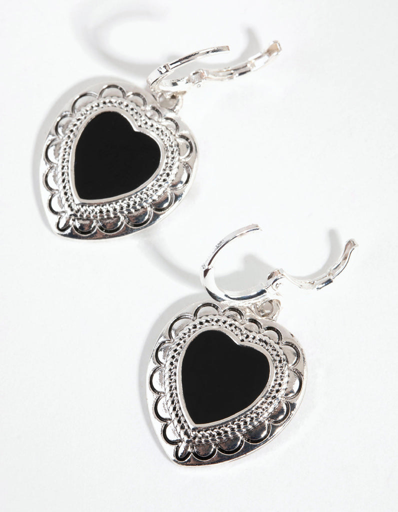 Antique Silver Enamel Centre Heart Earrings