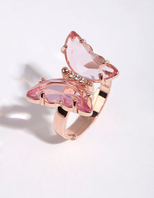 Rose Gold Pink Glass Butterfly Ring
