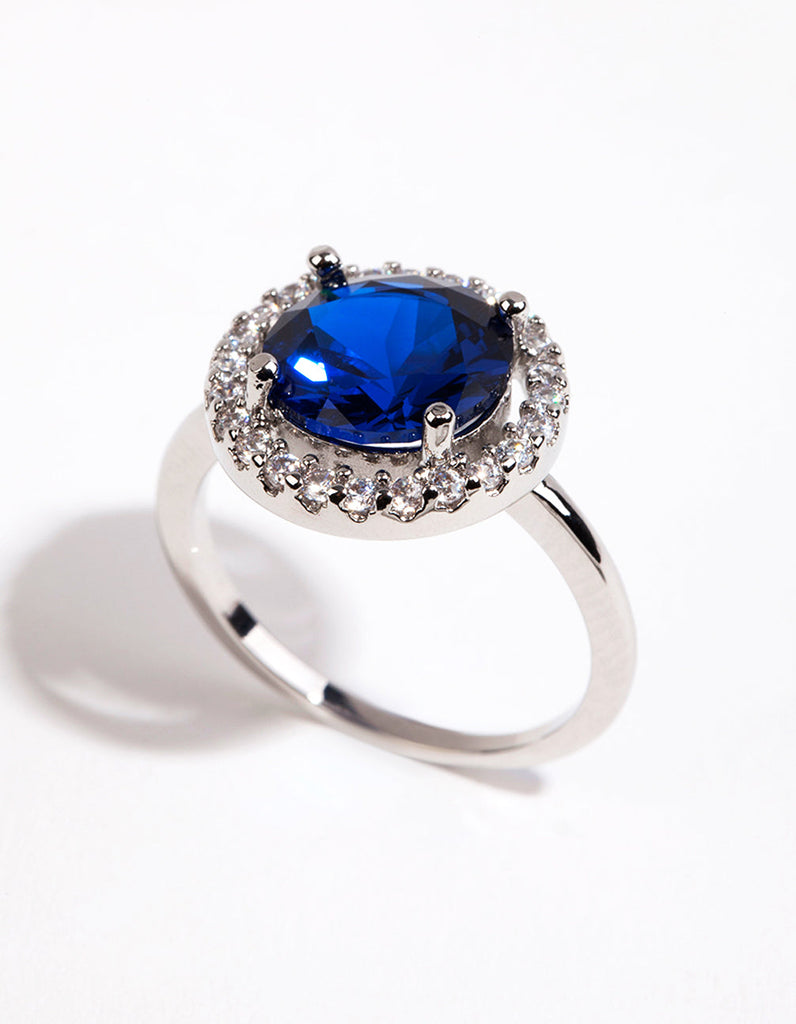 Rhodium Sapphire Cubic Zirconia Halo Ring