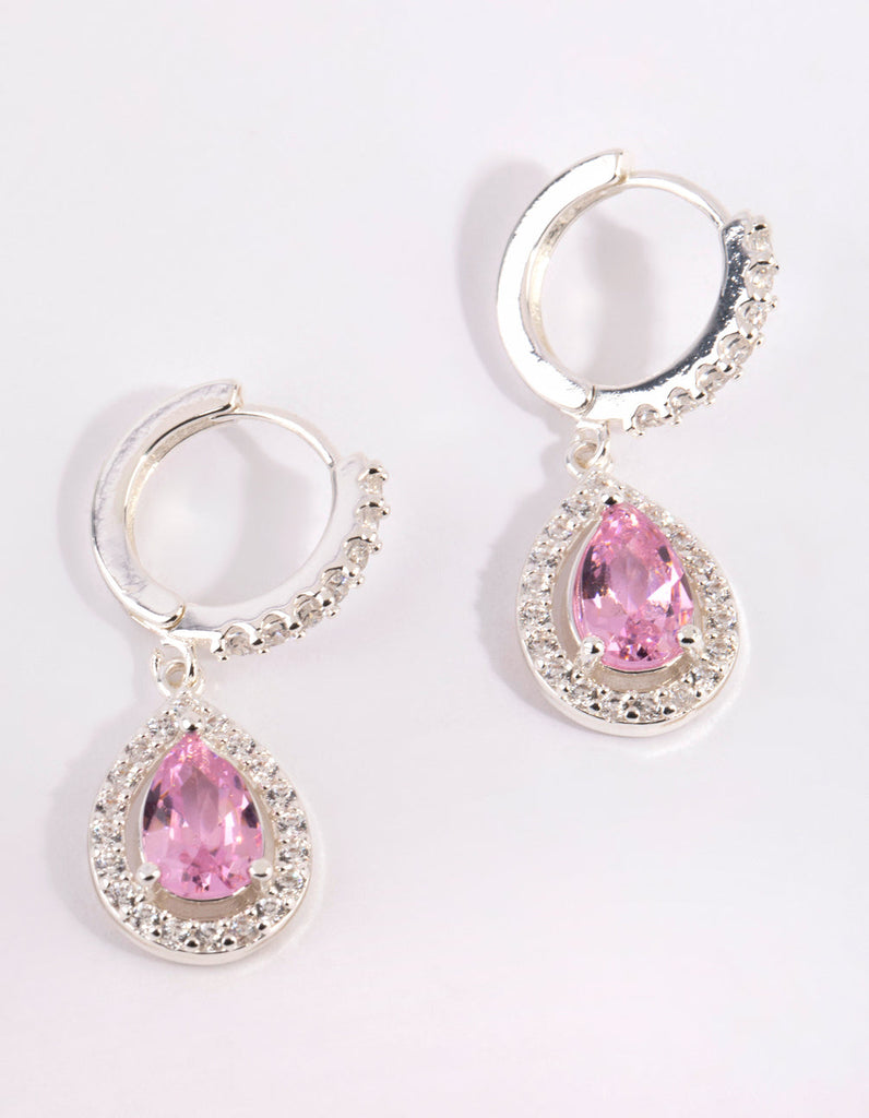 Silver & Pink Cubic Zirconia Huggie Earrings
