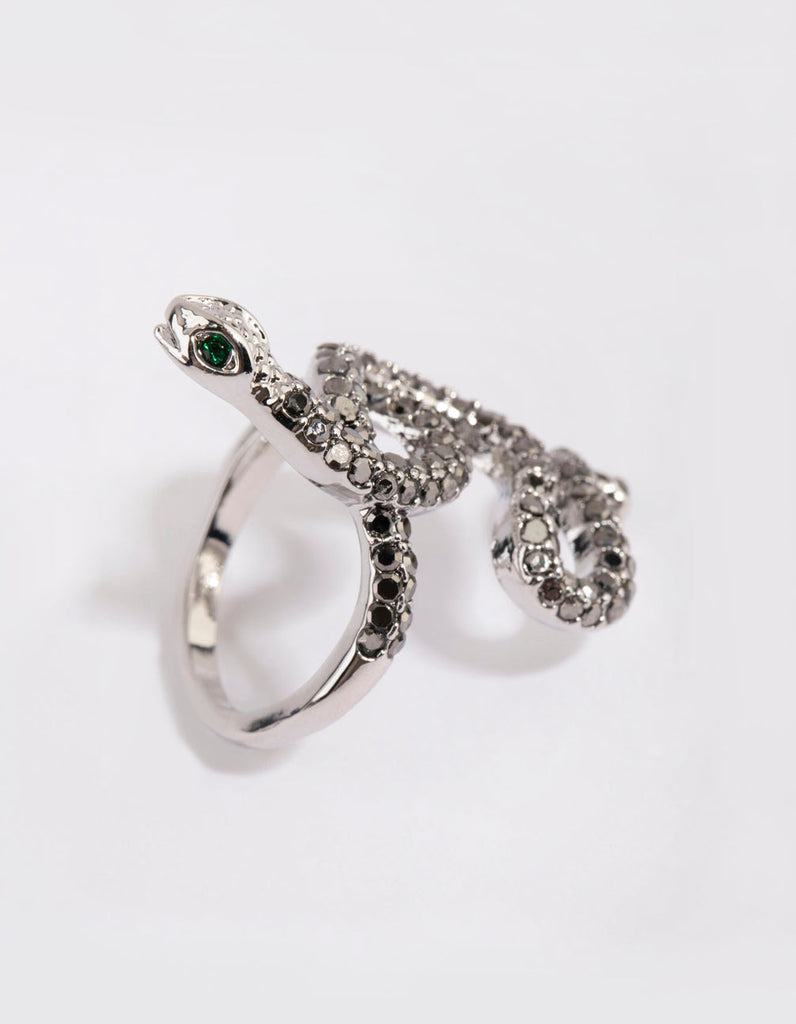 Rhodium Black Diamante Snake Swirl Ring
