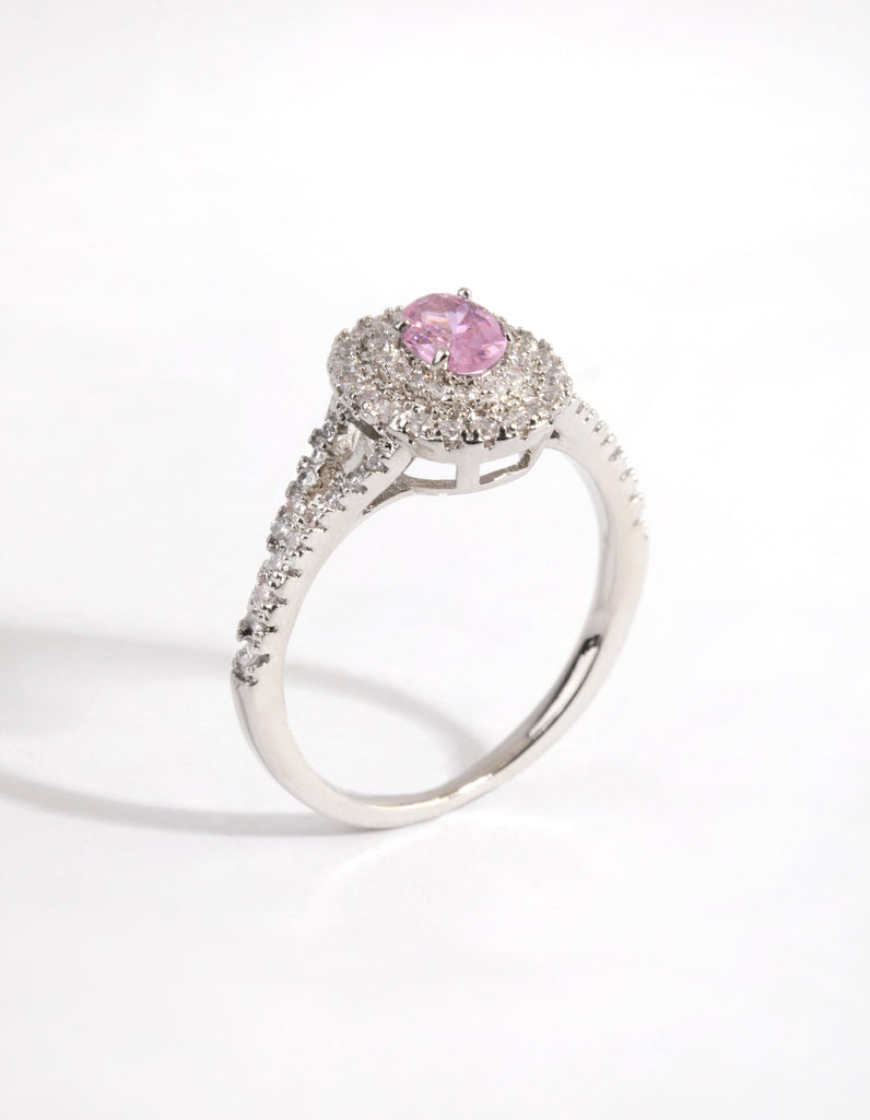 Rhodium Pink Diamond Simulant Oval Halo Ring