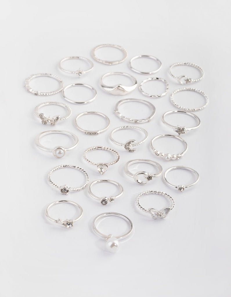 Silver Diamante Butterfly Ring Stack 24-Pack