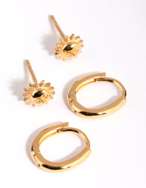 Gold Plated Sterling Silver Sun Stud & Huggie Earring Set