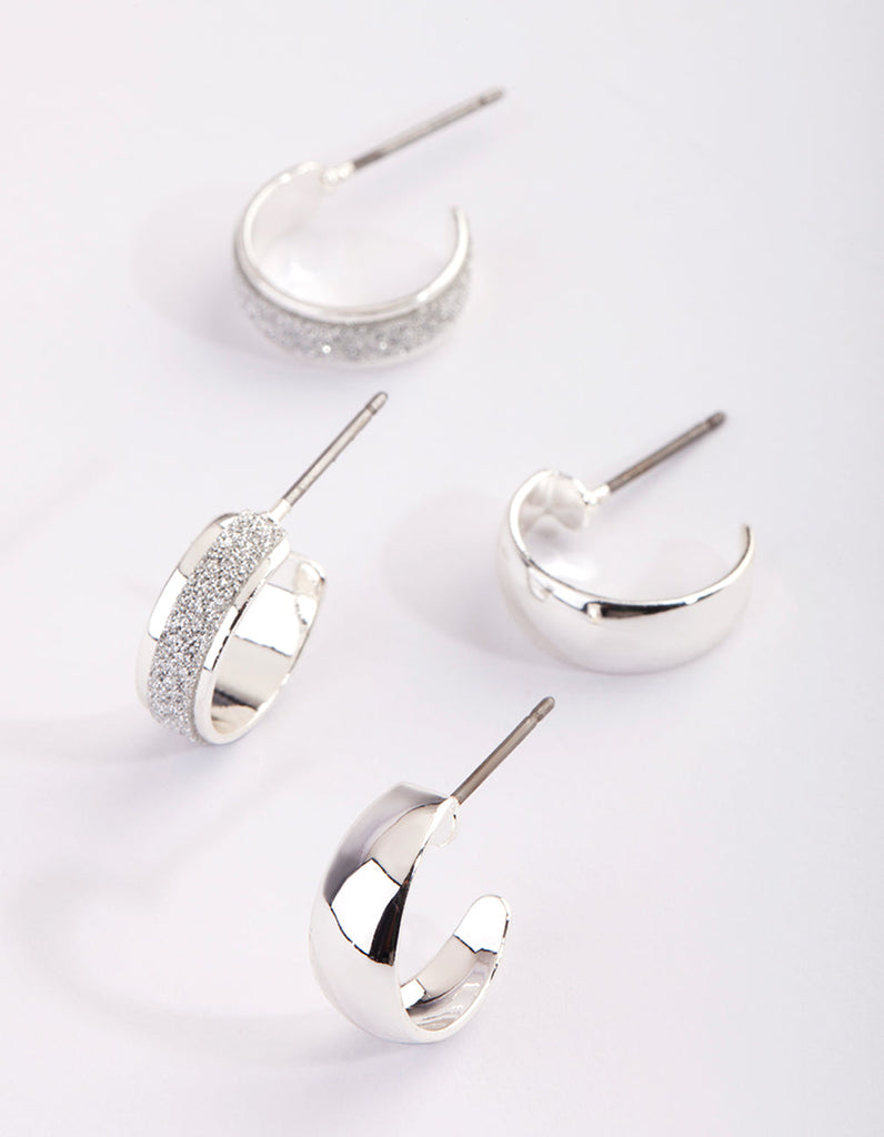 Silver Glitter Huggie Hoop Earring Set