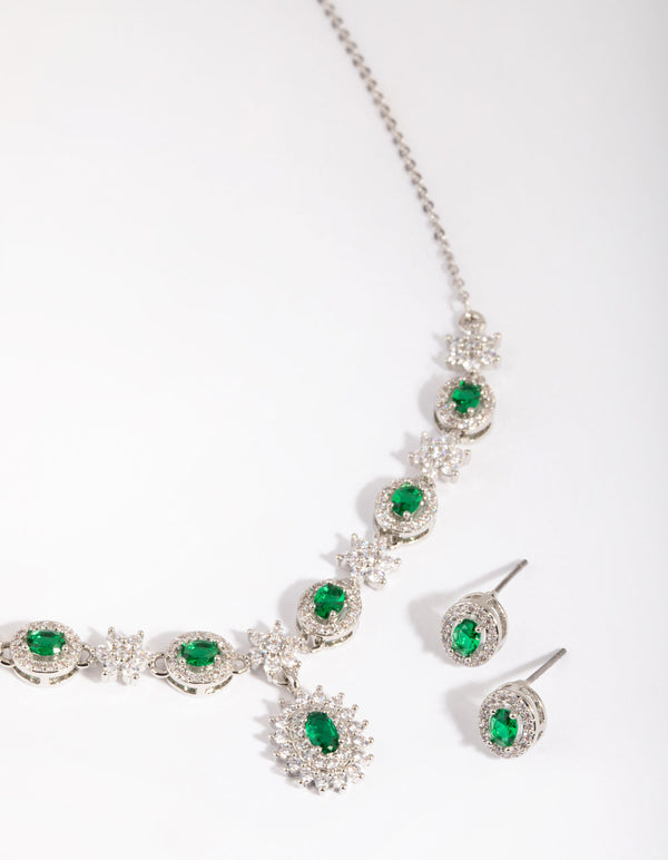 Rhodium Emerald Diamond Simulant Necklace & Earring Set