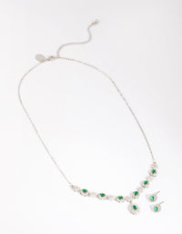 Rhodium Emerald Diamond Simulant Necklace & Earring Set - link has visual effect only