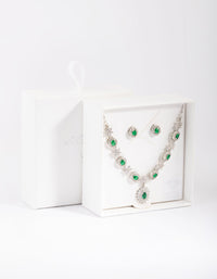 Rhodium Emerald Diamond Simulant Necklace & Earring Set - link has visual effect only