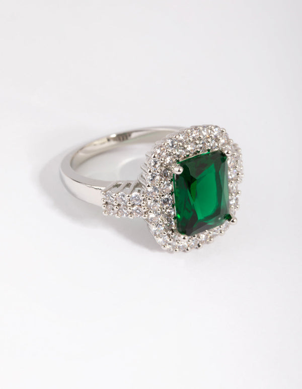 Rhodium Emerald Diamond Simulant Square Ring