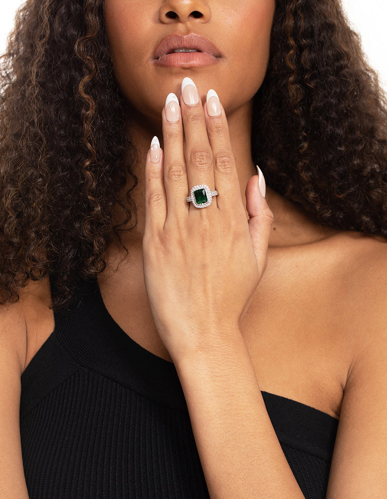 Rhodium Emerald Diamond Simulant Square Ring