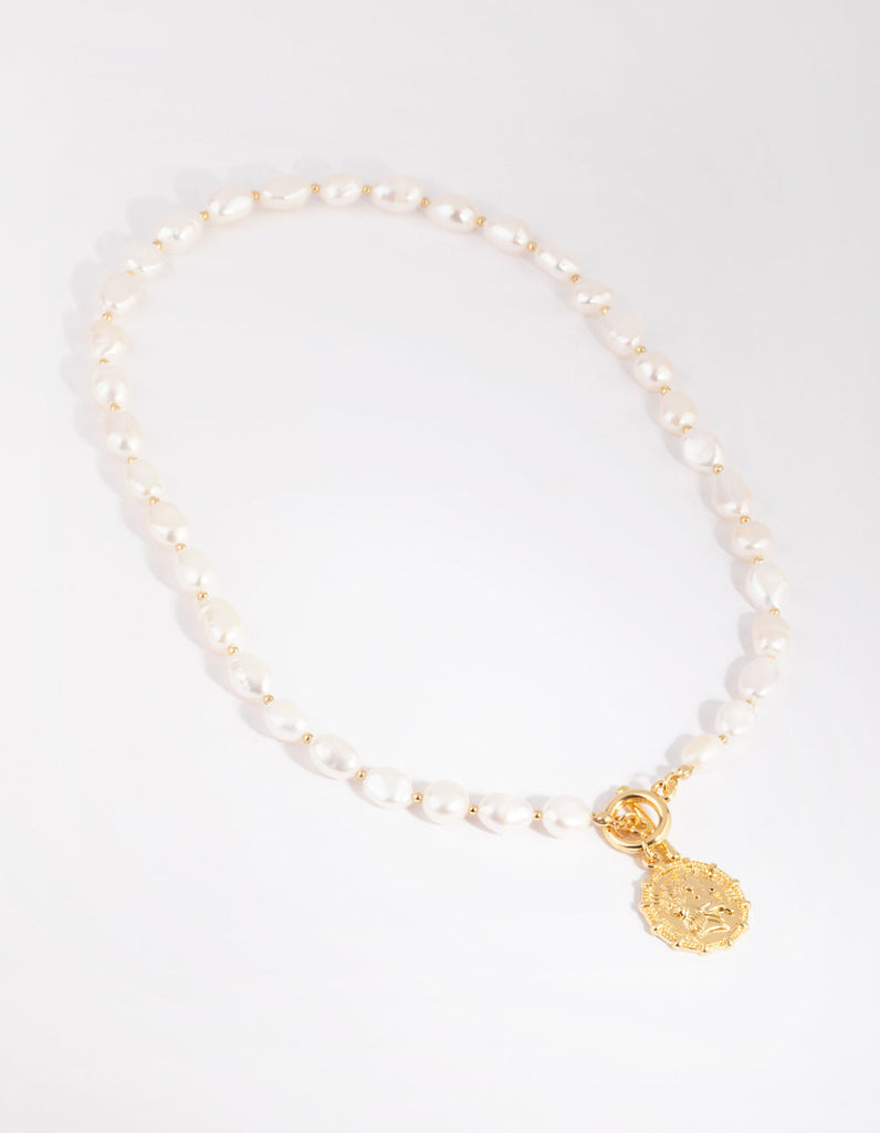 Gold Plated Coin & Fob Necklace with Freshwater Pearl