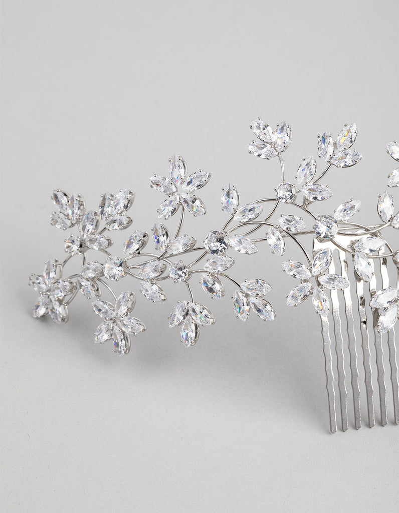 Rhodium Cubic Zirconia Flower Garden Comb