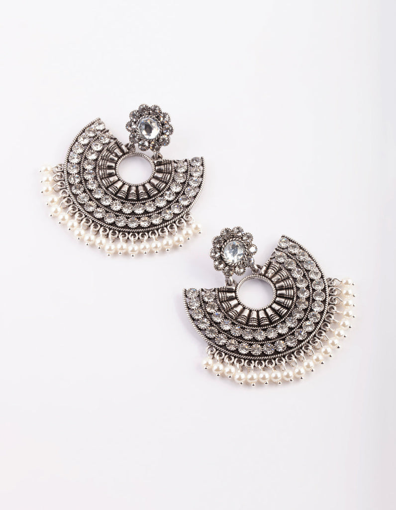 Antique Silver Pearl Bead Chandbali Earrings