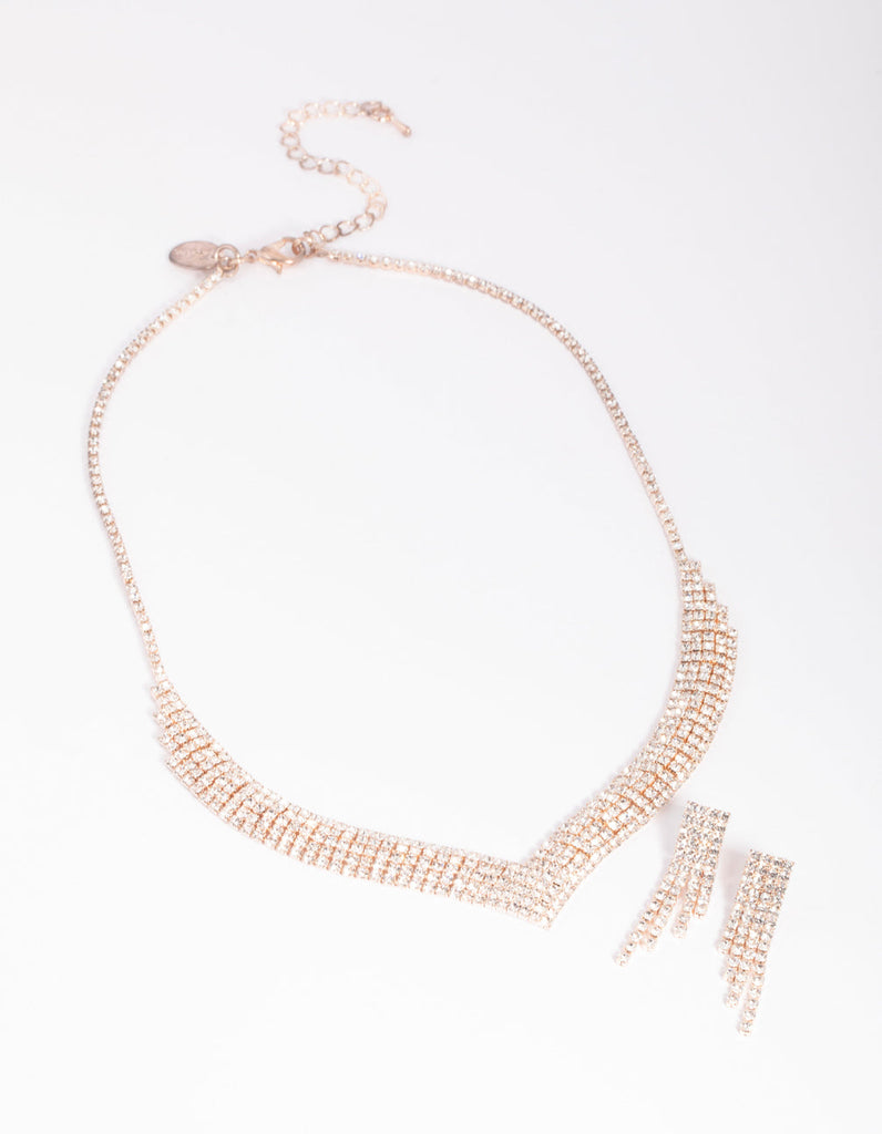 Rose Gold Diamond Simulant Necklace & Earrings Set