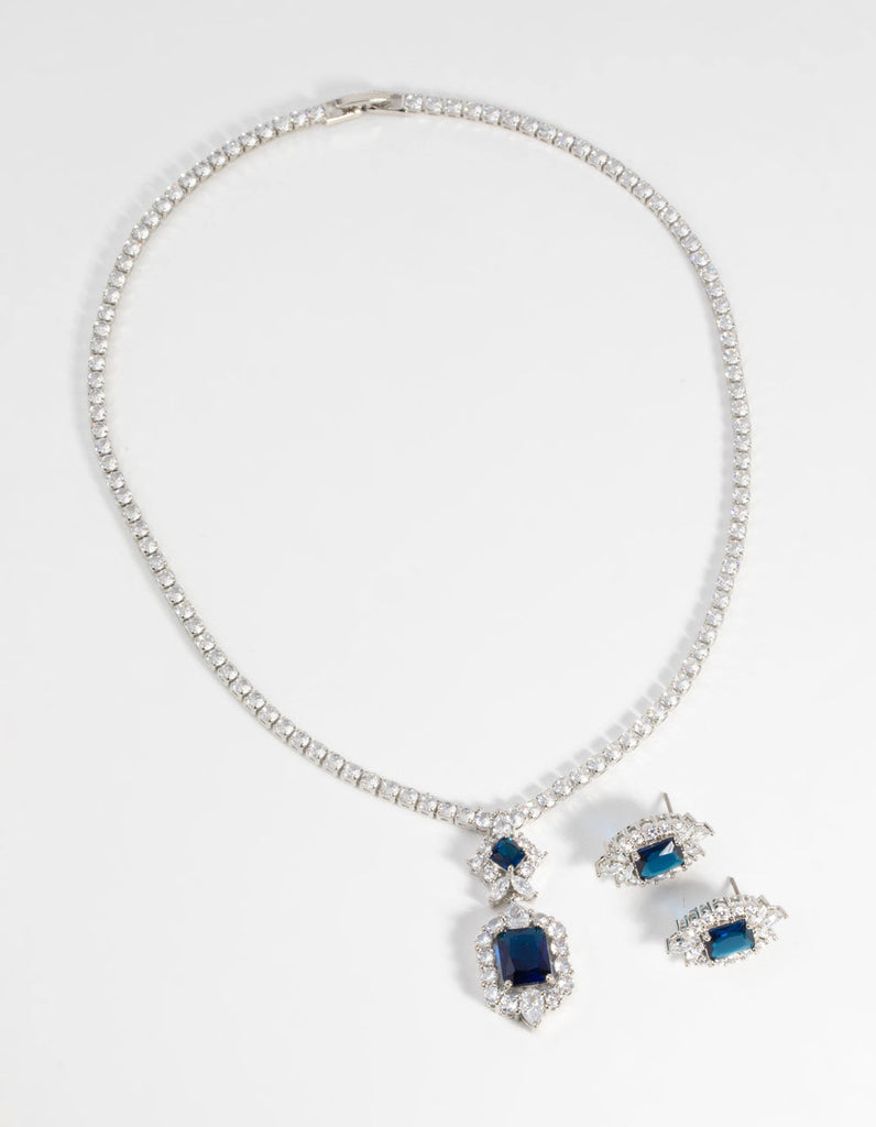 Sapphire Diamond Simulant Vintage Necklace & Earrings Set