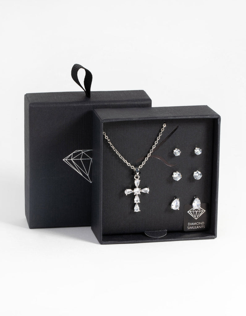 Rhodium Diamond Simulant Cross Necklace & Earrings Set