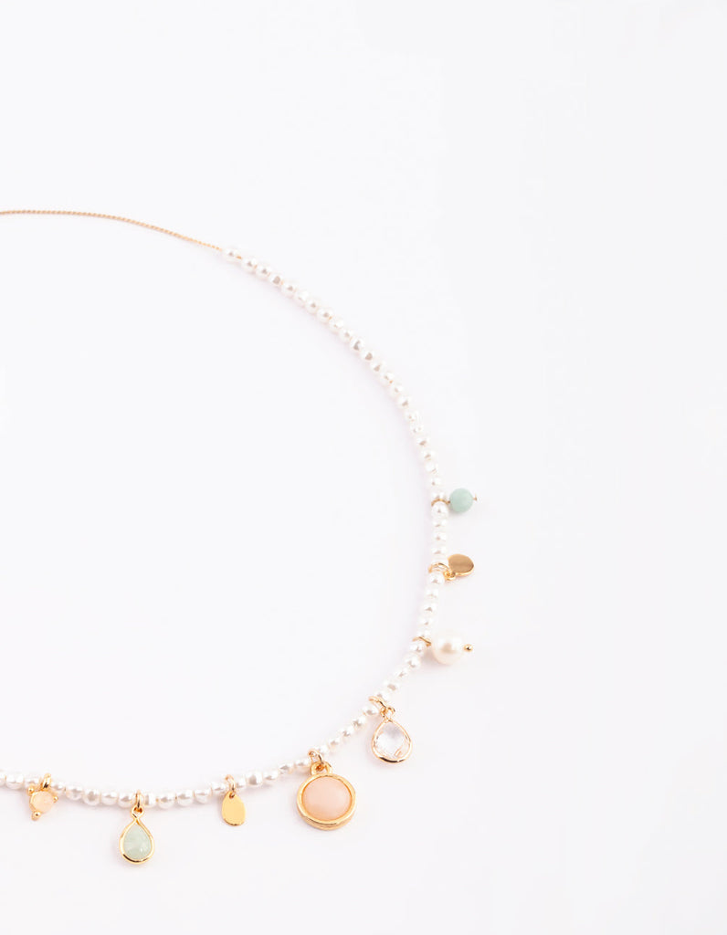 Gold Plated Charm Necklace with Freshwater Pearls