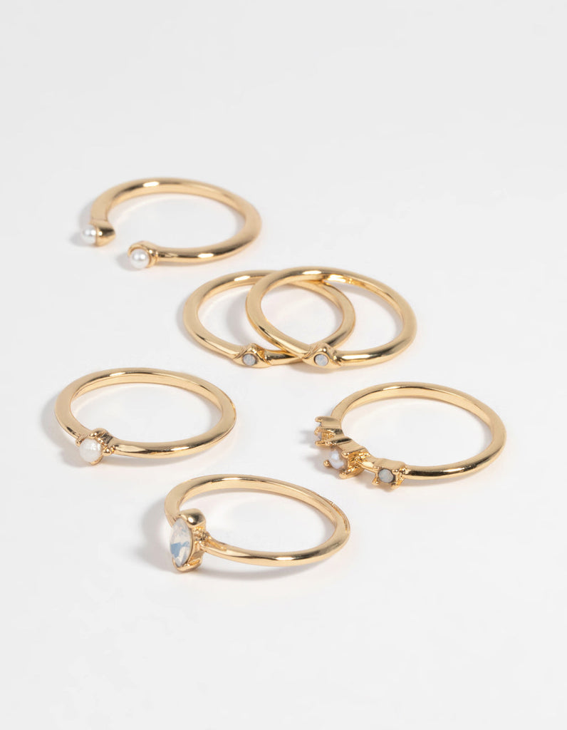 Gold Plated Ring Stack 6-Pack with Freshwater Pearls