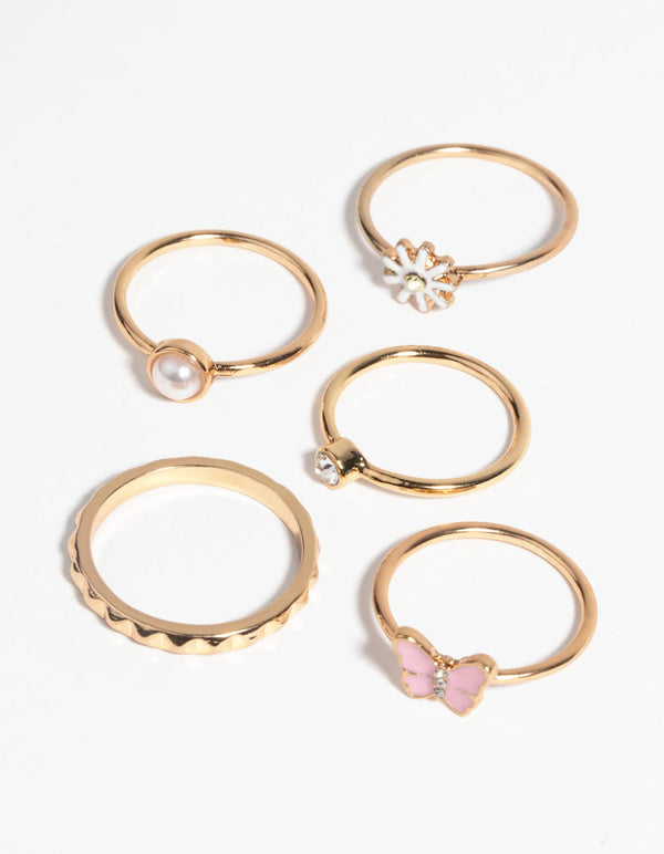 Pink Butterfly & Pearl Ring 5-Pack