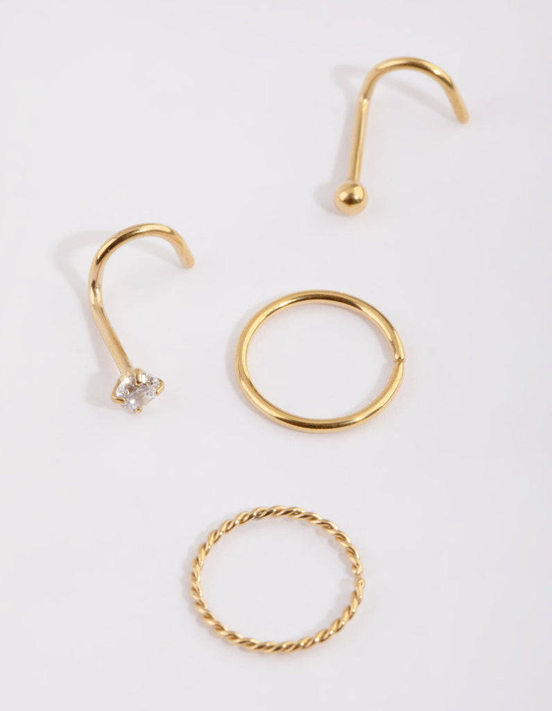 Gold Plated Surgical Steel Diamante Twisted Nose Ring 4-Pack