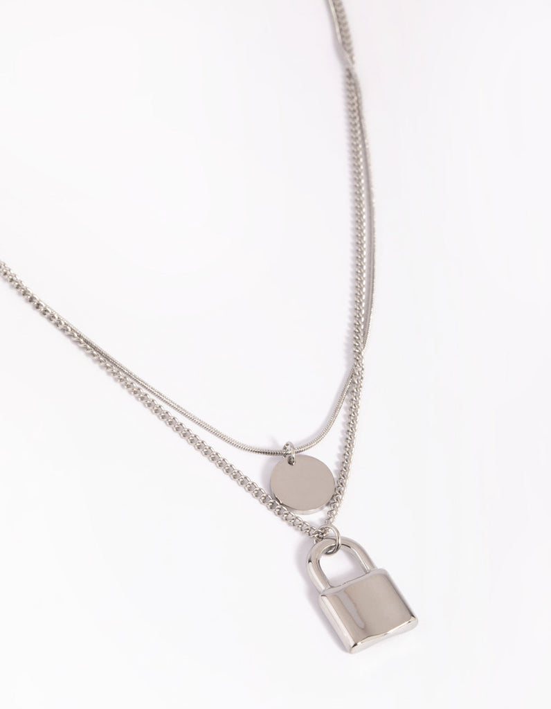 Stainless Steel Disc & Padlock Layered Necklace