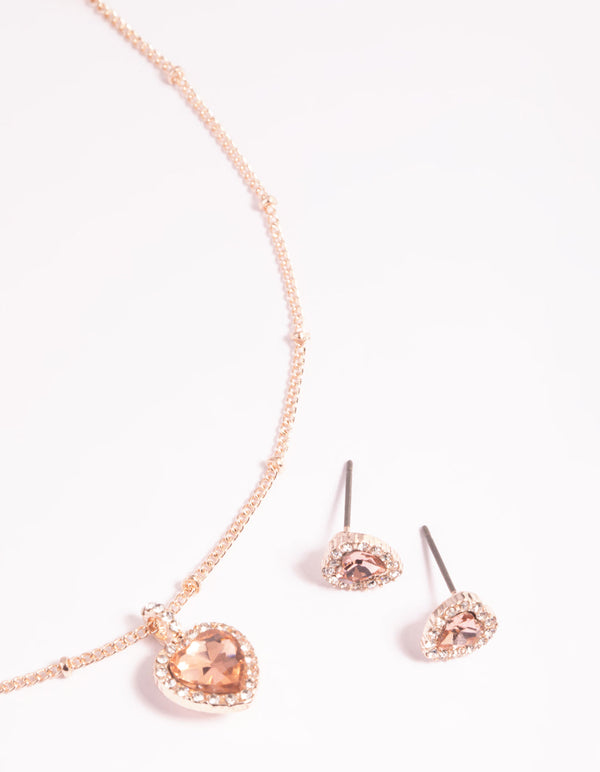 Rose Gold Heart Diamante Halo Necklace & Earrings Set