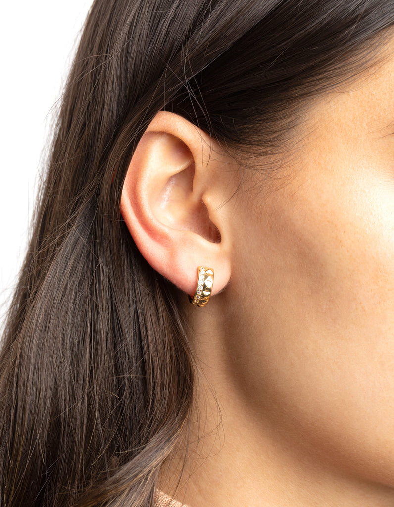 Gold Plated Cubic Zirconia Textured Huggie Hoop Earrings