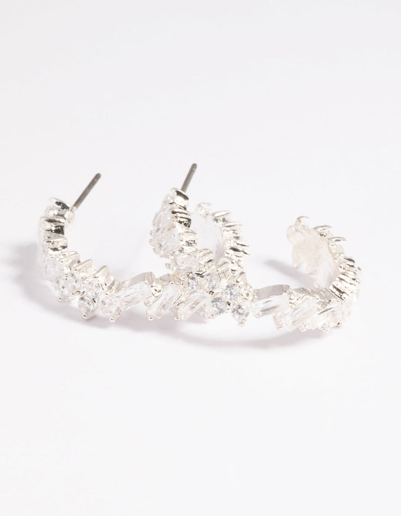 Rhodium Cubic Zirconia Baguette Hoop Earrings