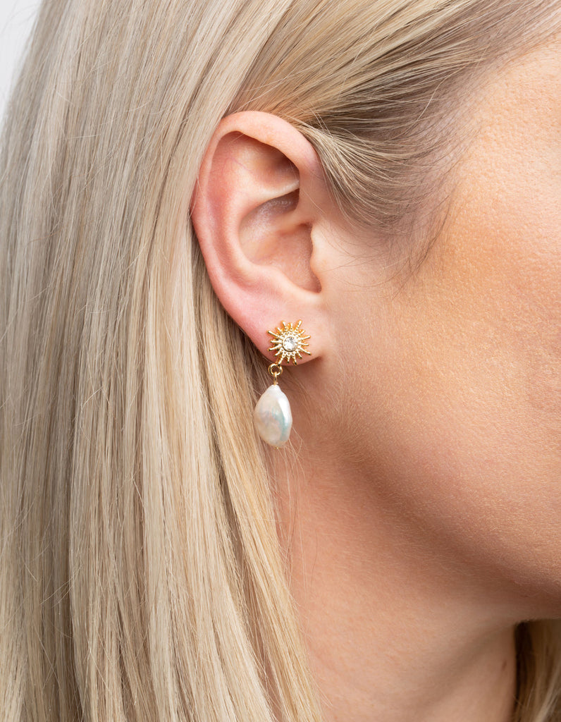 Gold Plated Freshwater Pearl Celestial Drop Earrings
