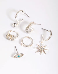 SIlver Plated Evil Eye & Star Earring Stack Pack - link has visual effect only