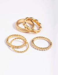 Gold Plated Diamante & Pearl Mixed Band Ring Stack 5-Pack - link has visual effect only