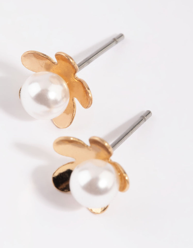 Gold Pearl & Flower Stud Earrings