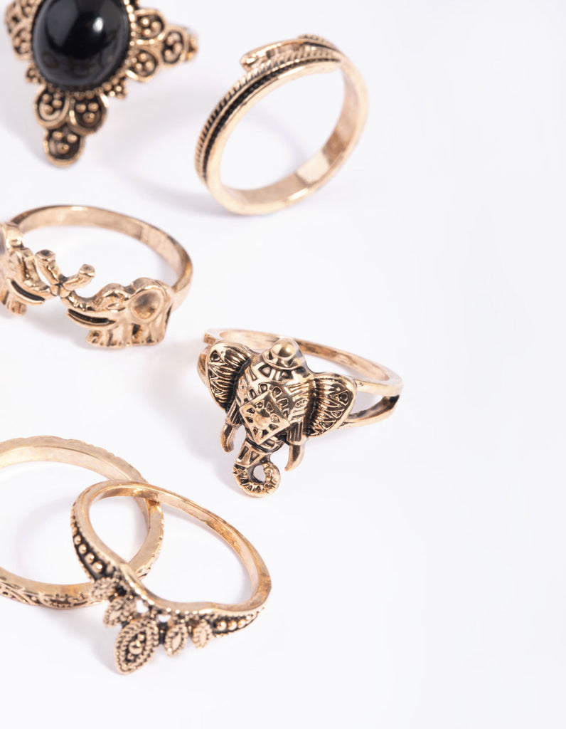 Antique Gold Elephant Ring Stack 8-Pack