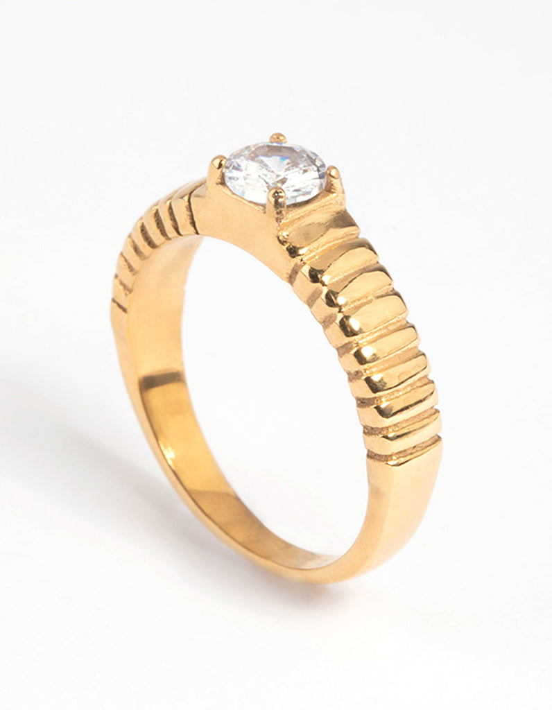 Gold Plated Stainless Steel Line Detail Cubic Zirconia Ring