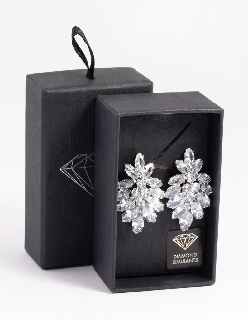 Rhodium Diamond Simulant Marquise Statement Earrings