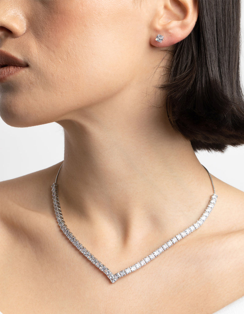 Rhodium Diamond Simulant Square Necklace & Earrings Set