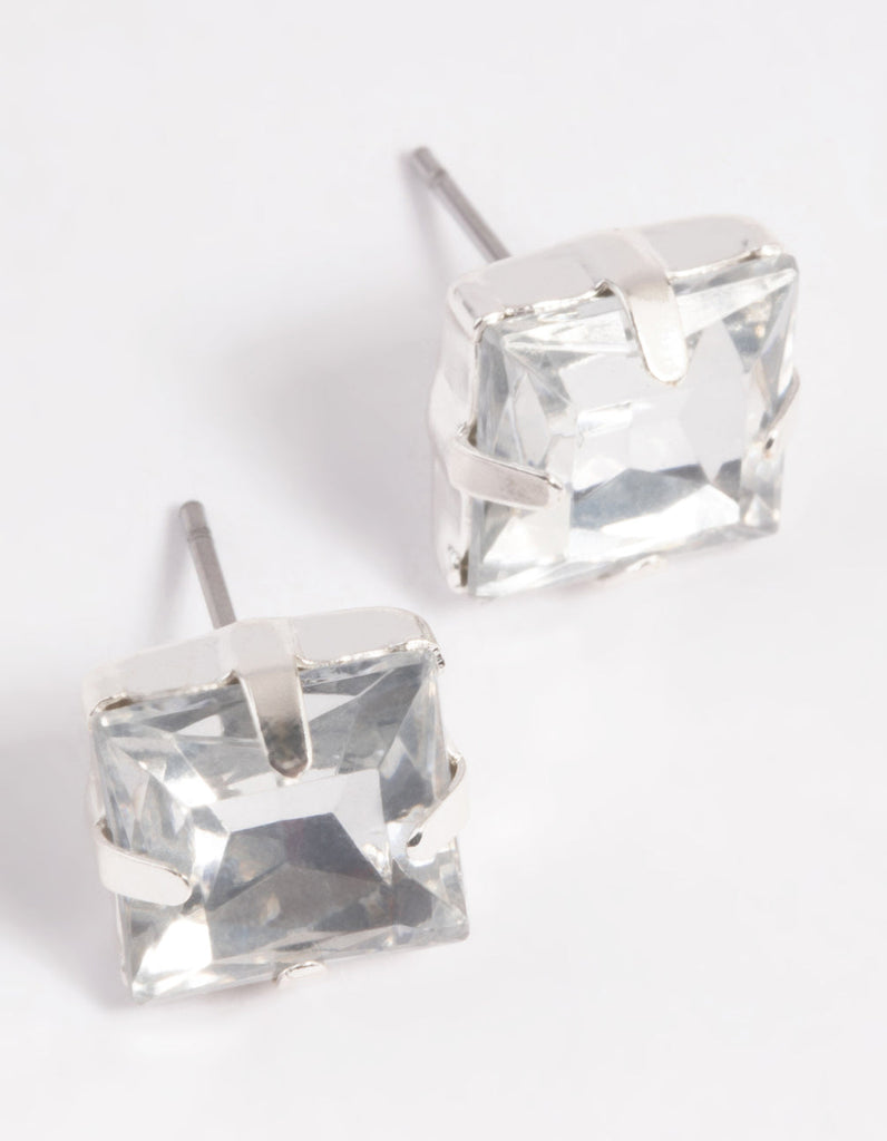 Silver Diamante Square Stud Earrings