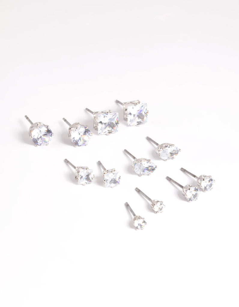 Rhodium Diamond Simulant Stud Earring 6-Pack