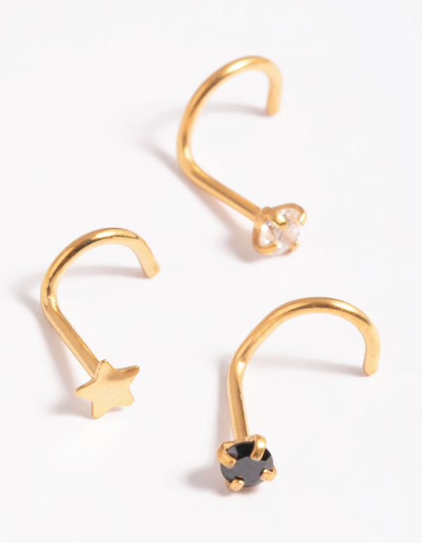 Gold Plated Surgical Steel Diamante Star Nose Stud Pack