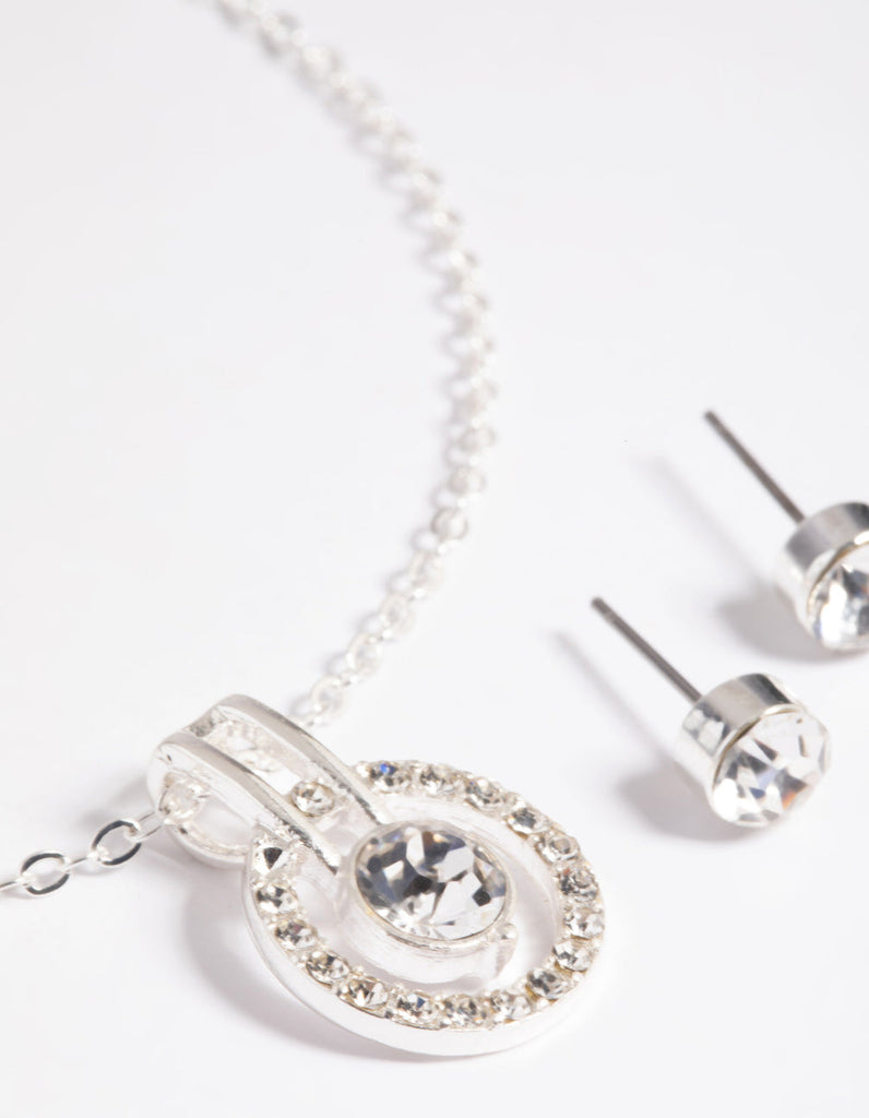Silver Diamante Round Necklace & Earrings Set