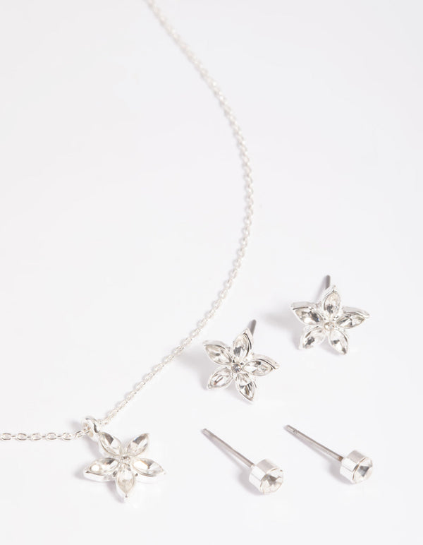 Silver Flower Necklace & Earrings Set