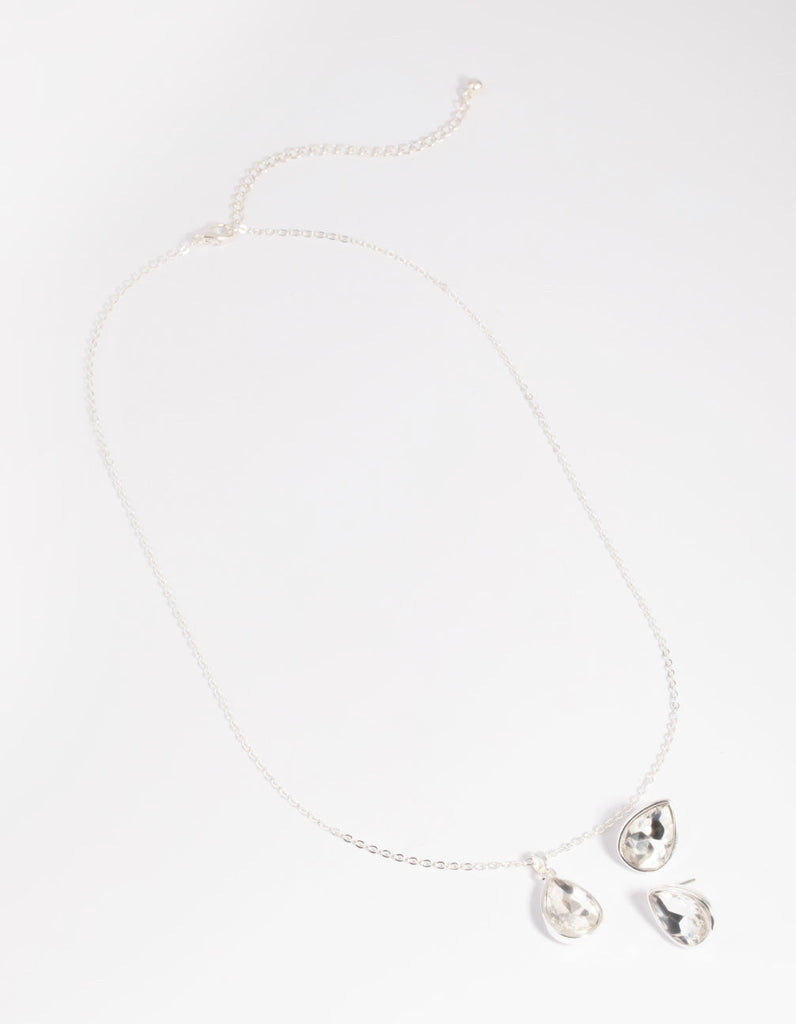 Silver Diamante Pear Necklace & Earrings Set